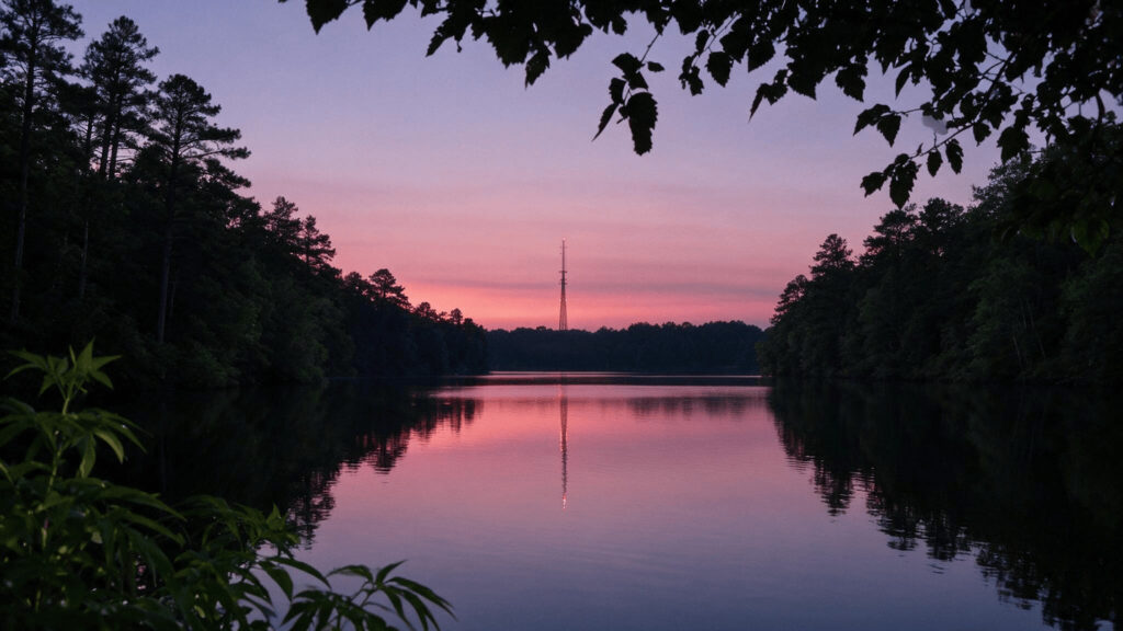 Lake Peachtree at sunset near Emerge Healing Center's Peachtree City rehab.