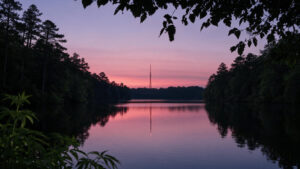 Lake Peachtree at sunset near Emerge Healing Center's Peachtree City rehab.